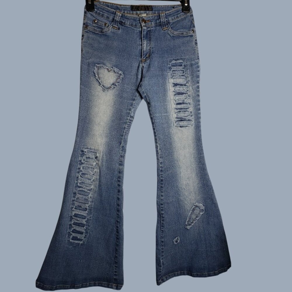 Ruilida Bell botton Jeans With Heart Patchwork & Multicolor Back Pockets Size 27